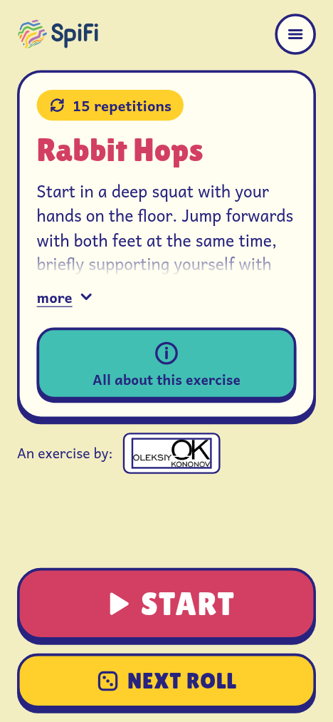 The game in the Colorful style: exercise with instructions, Start and Next roll