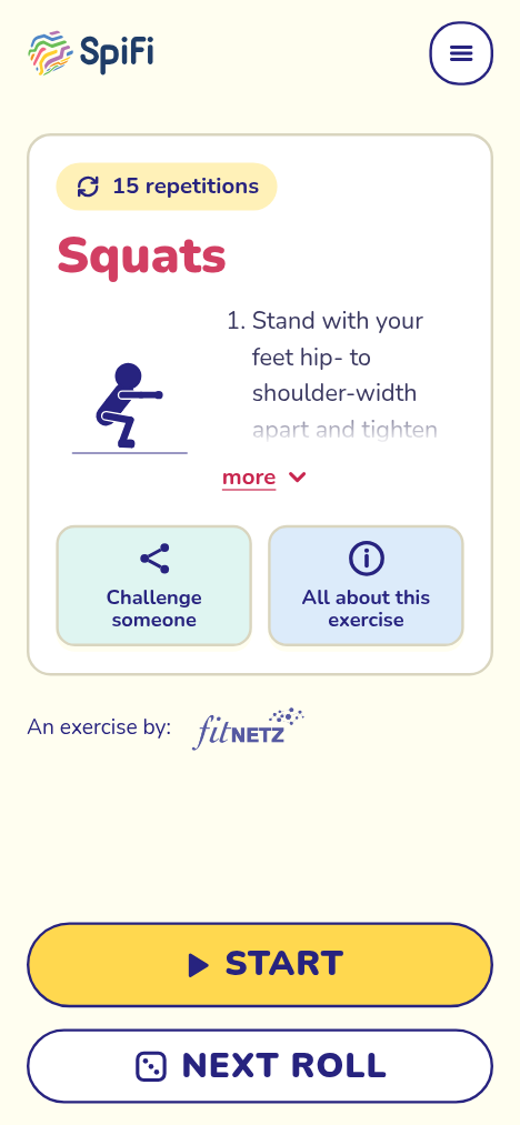 The game in the Default style: exercise with figure, instructions, Start and Next roll